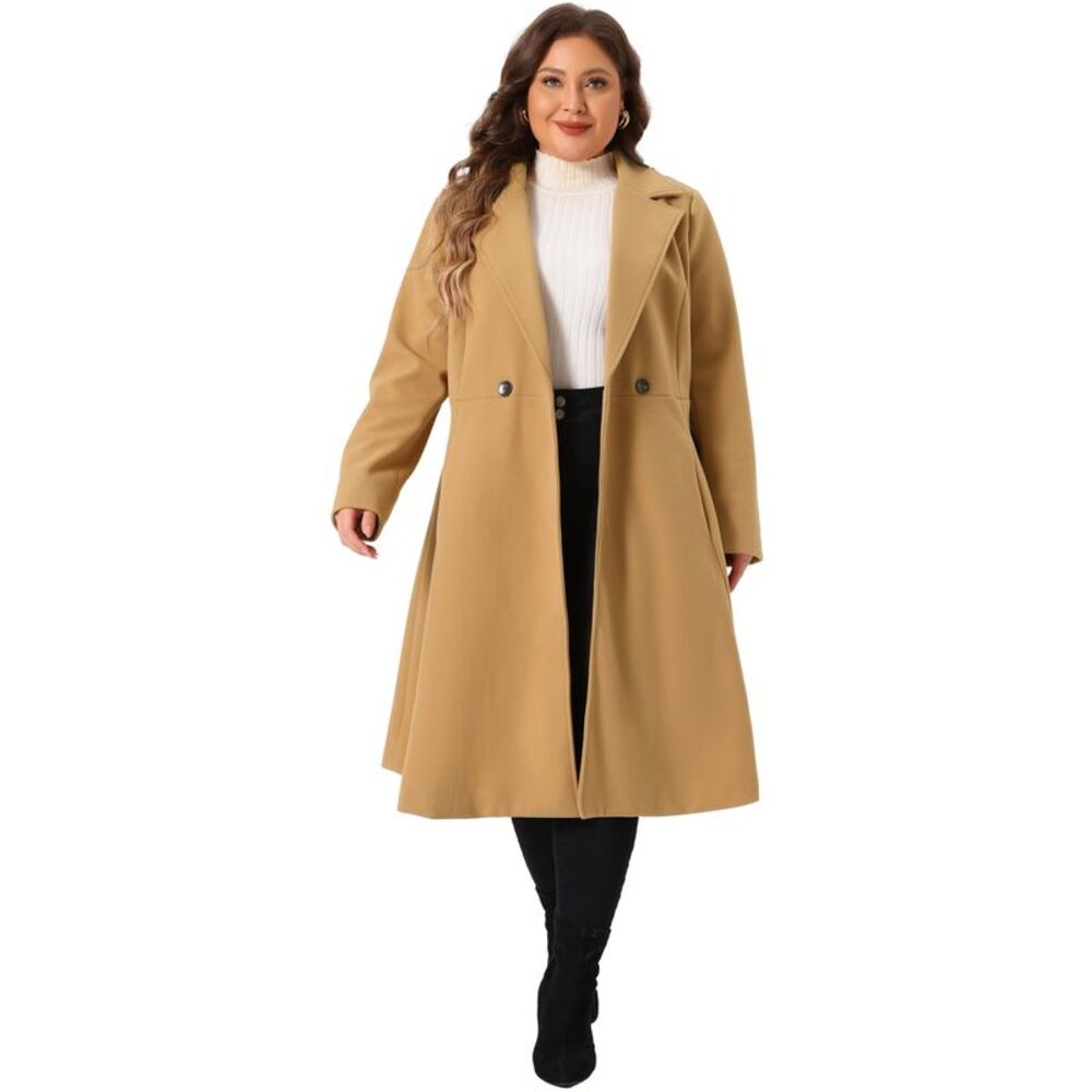 Plus Size A Line with Pockets Winter Trench Long Coats Camel - Picture 3 of 6